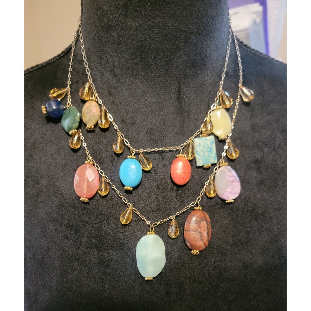 Double Stranded Multi Color Semi Precious Stones Gold Tone  Necklace
